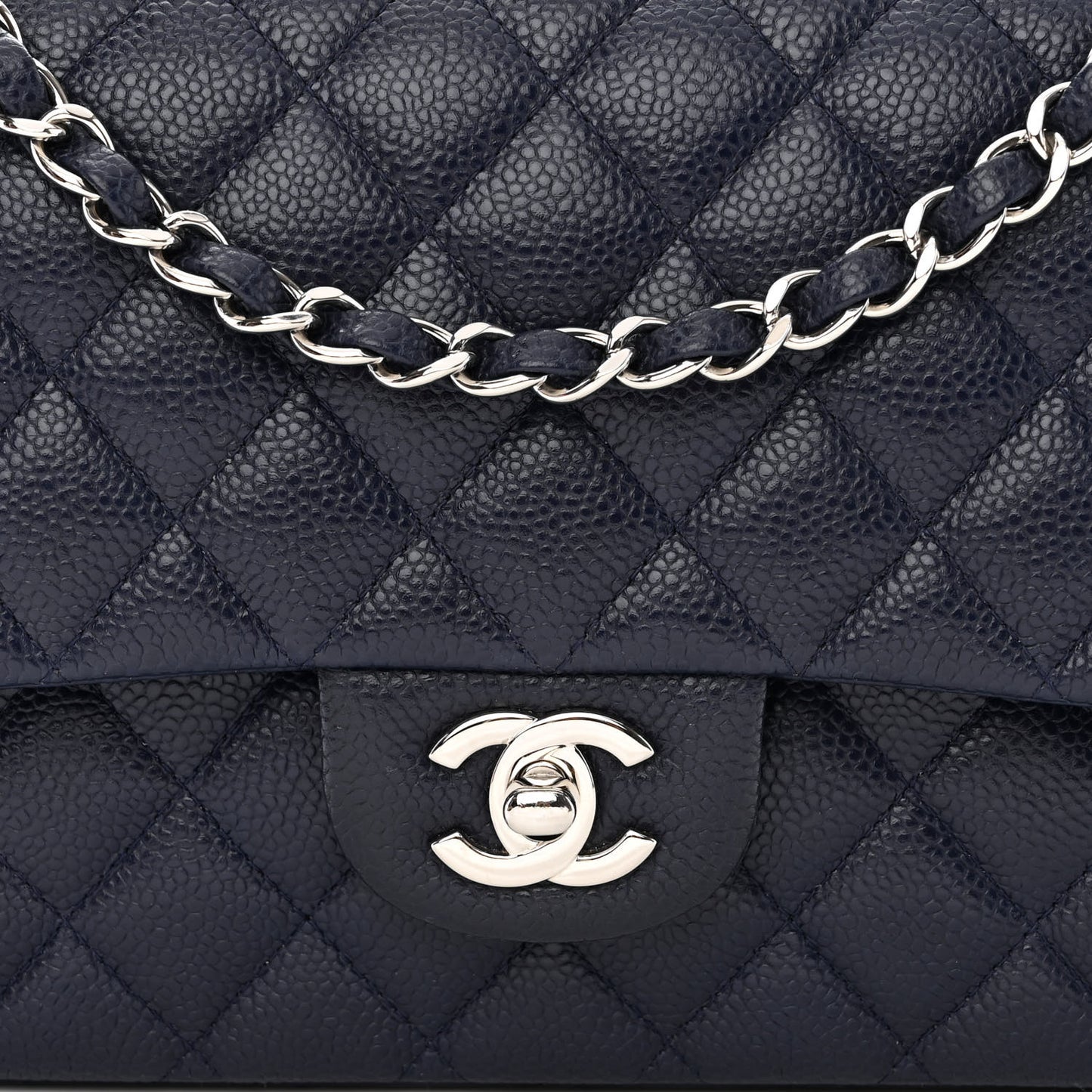 Caviar Quilted Medium Double Flap Navy