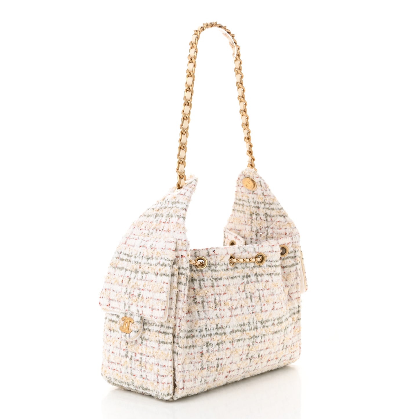 Tweed Quilted Small Chanel 25 Handbag Ecru Khaki Gold Red