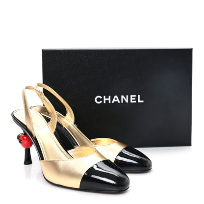 Chanel Laminated Lambskin Patent Cap Toe CC Apple Slingback Pumps 40 Gold Black 10 of 10