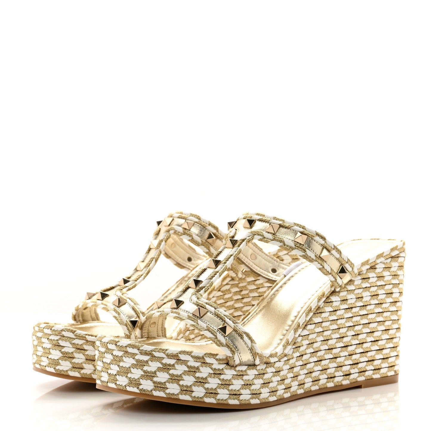 Metallic Laminated Nappa Silk Torchon Rockstud Espadrille Wedge 25/90mm Slide Sandals 40 White Platino