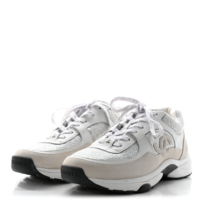Chanel Painted Iridescent Cotton Tweed Suede Womens CC Sneakers 37 White Silver Multicolor 3 of 11