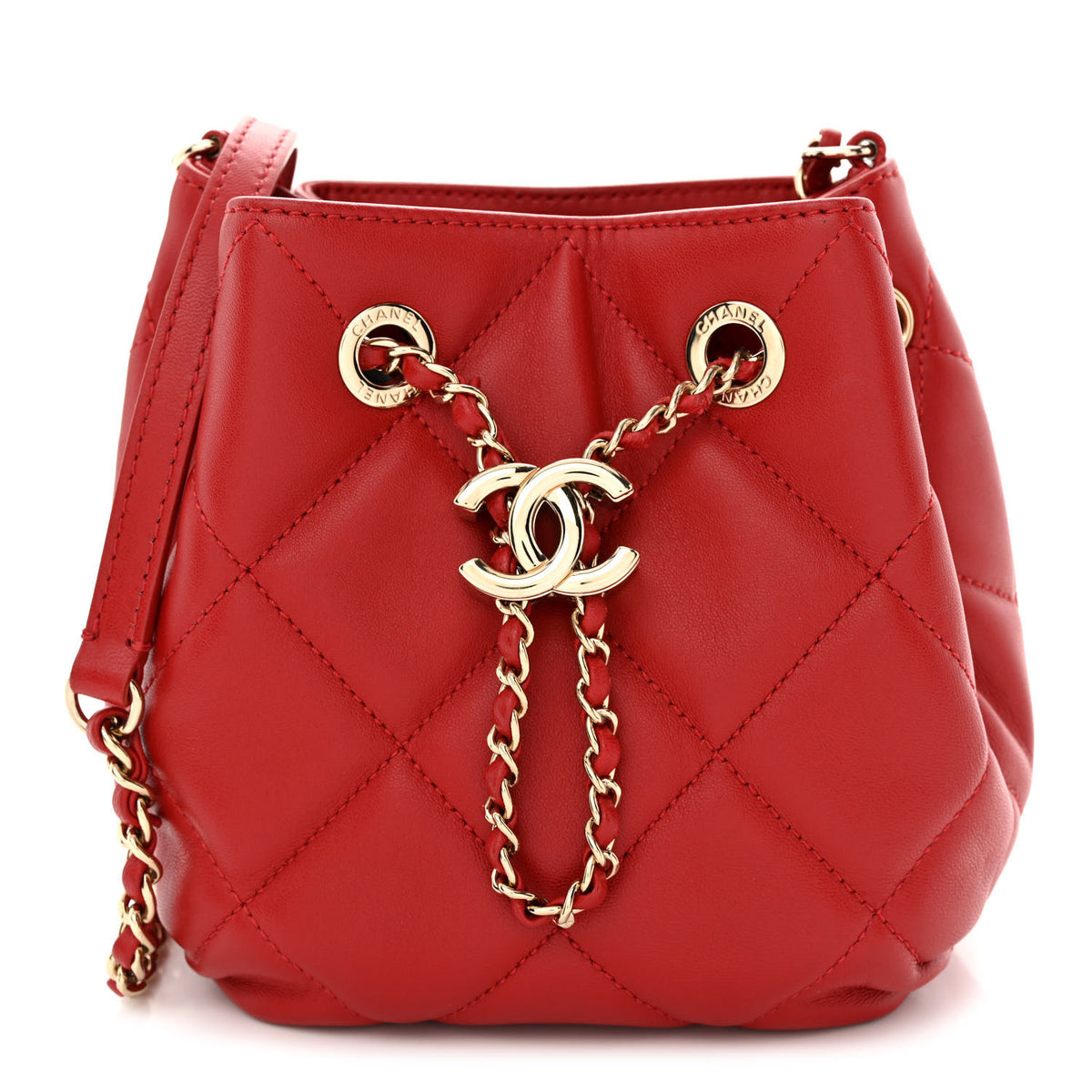 Lambskin Quilted CC Dweller Drawstring Bucket Bag Red