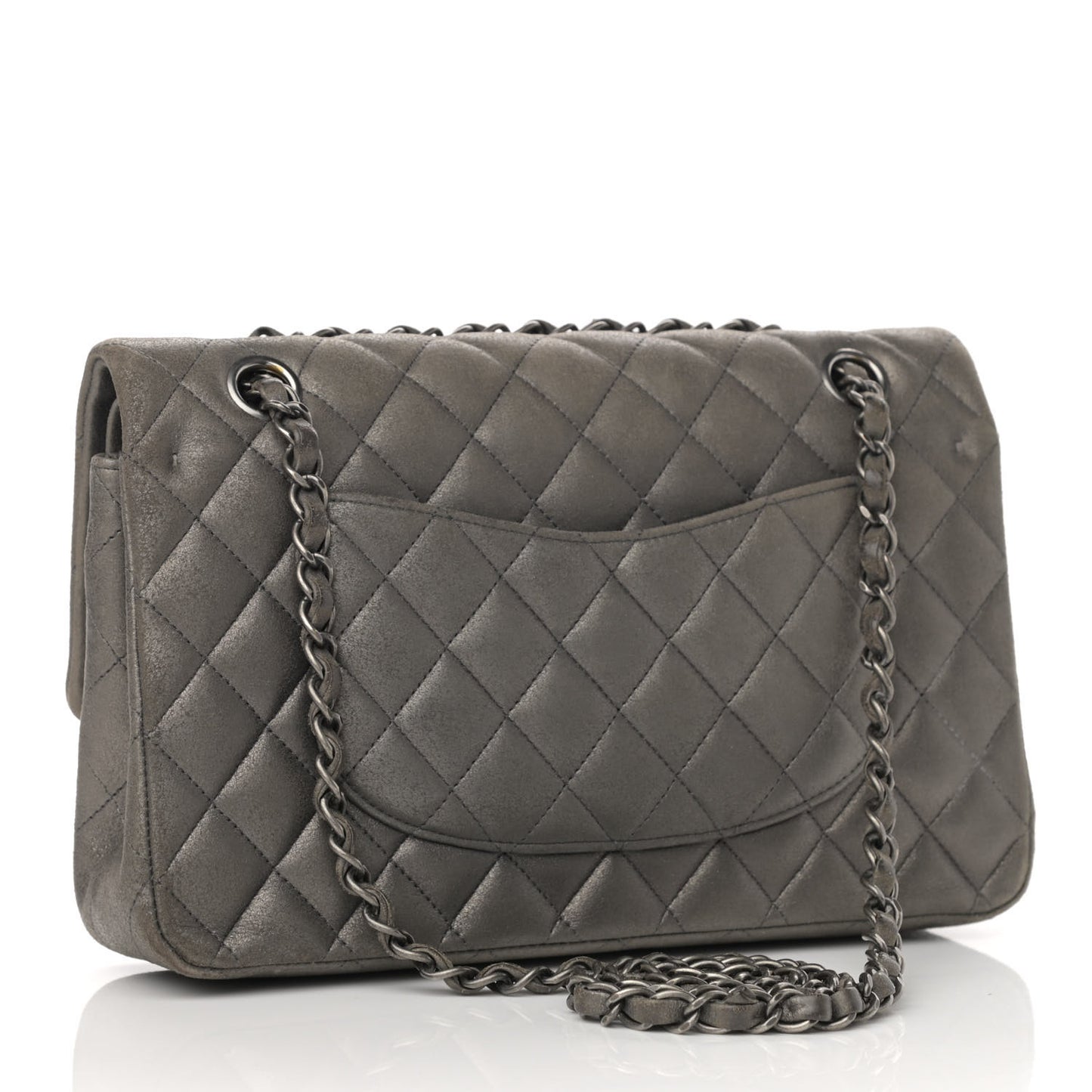 Metallic Lambskin Quilted Medium Double Flap Pewter
