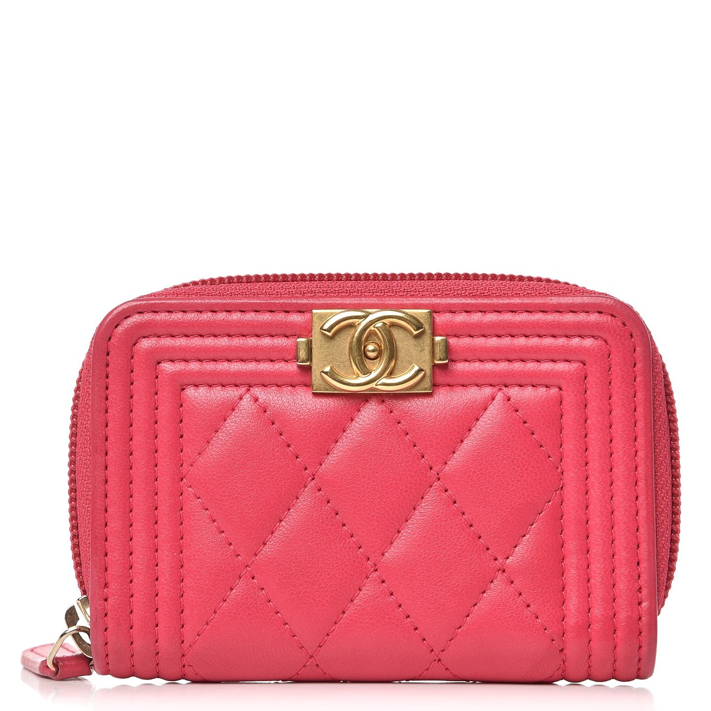 Lambskin Quilted Boy Zip Around Coin Purse Wallet Fuchsia