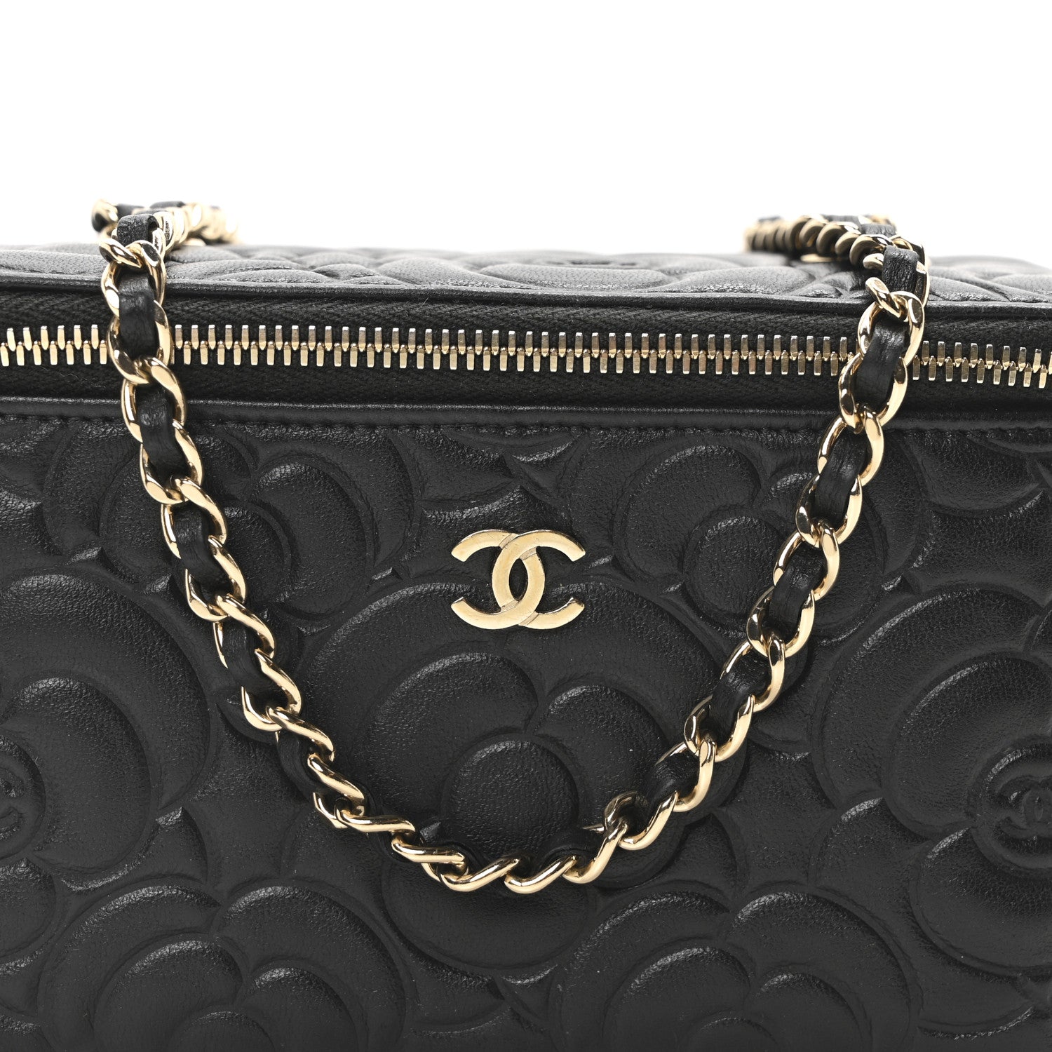 Chanel Lambskin Camellia Embossed Small Vanity Case With Chain Black 8 of 10