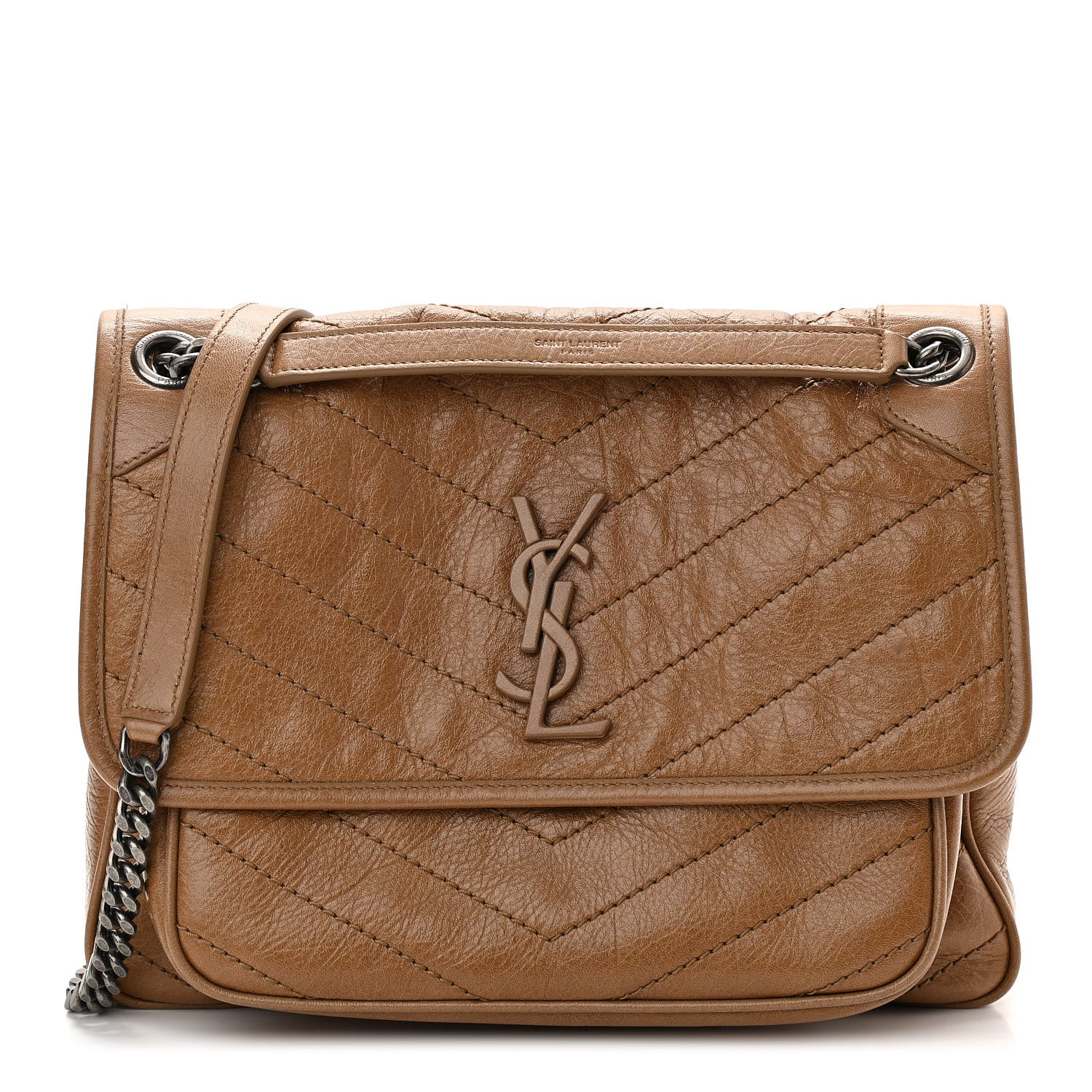Saint Laurent Crinkled Calfskin Matelasse Monogram Medium Niki Chain Satchel Natural Tan 1 of 10
