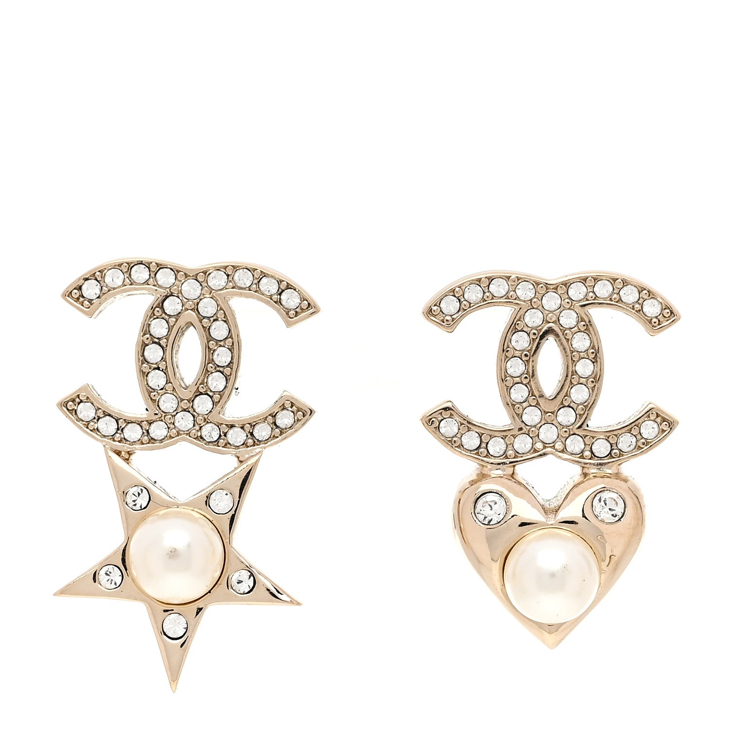 Chanel Crystal Pearl Charming Winter CC Star Heart Earrings Gold 1 of 5