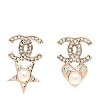 Chanel Crystal Pearl Charming Winter CC Star Heart Earrings Gold 1 of 5