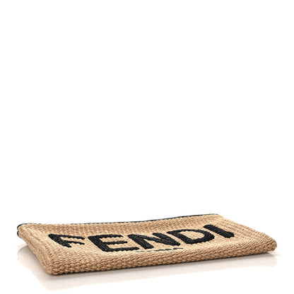 Fendi Straw Vitello King Logo Woven Large Flat Pouch Paglia Black 4 of 9