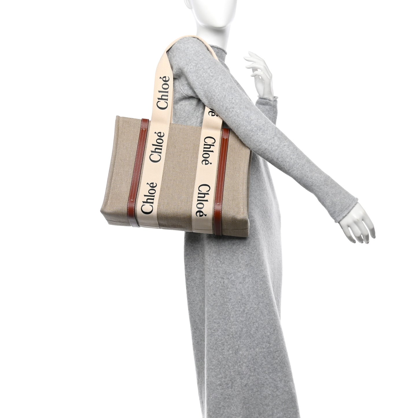 Linen Calfskin Medium Woody Ribbon Tote White Brown