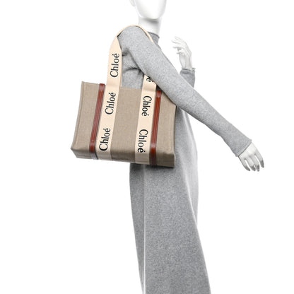 Chloe Linen Calfskin Medium Woody Ribbon Tote White Brown 3 of 10