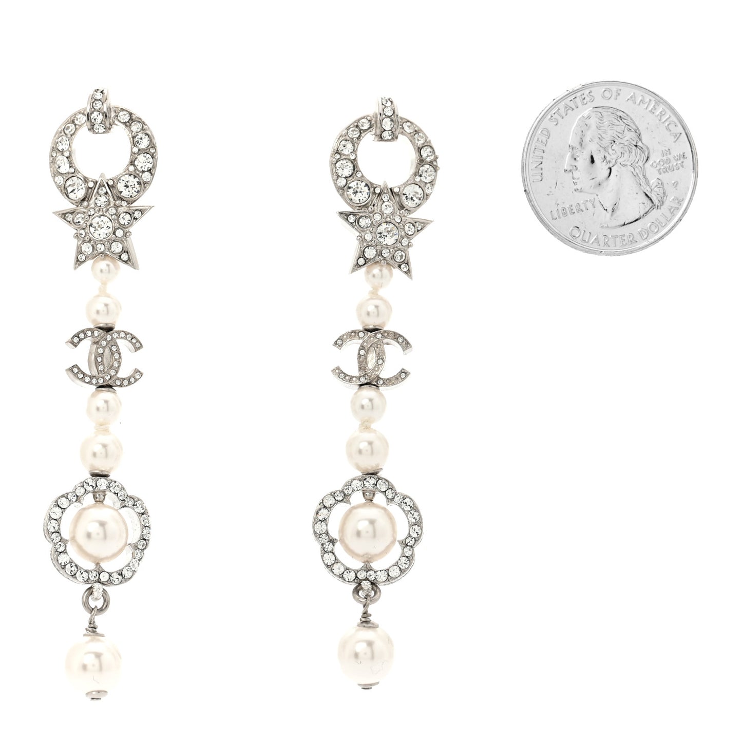 Strass Crystal Pearl CC Star Camellia Drop Earrings Silver
