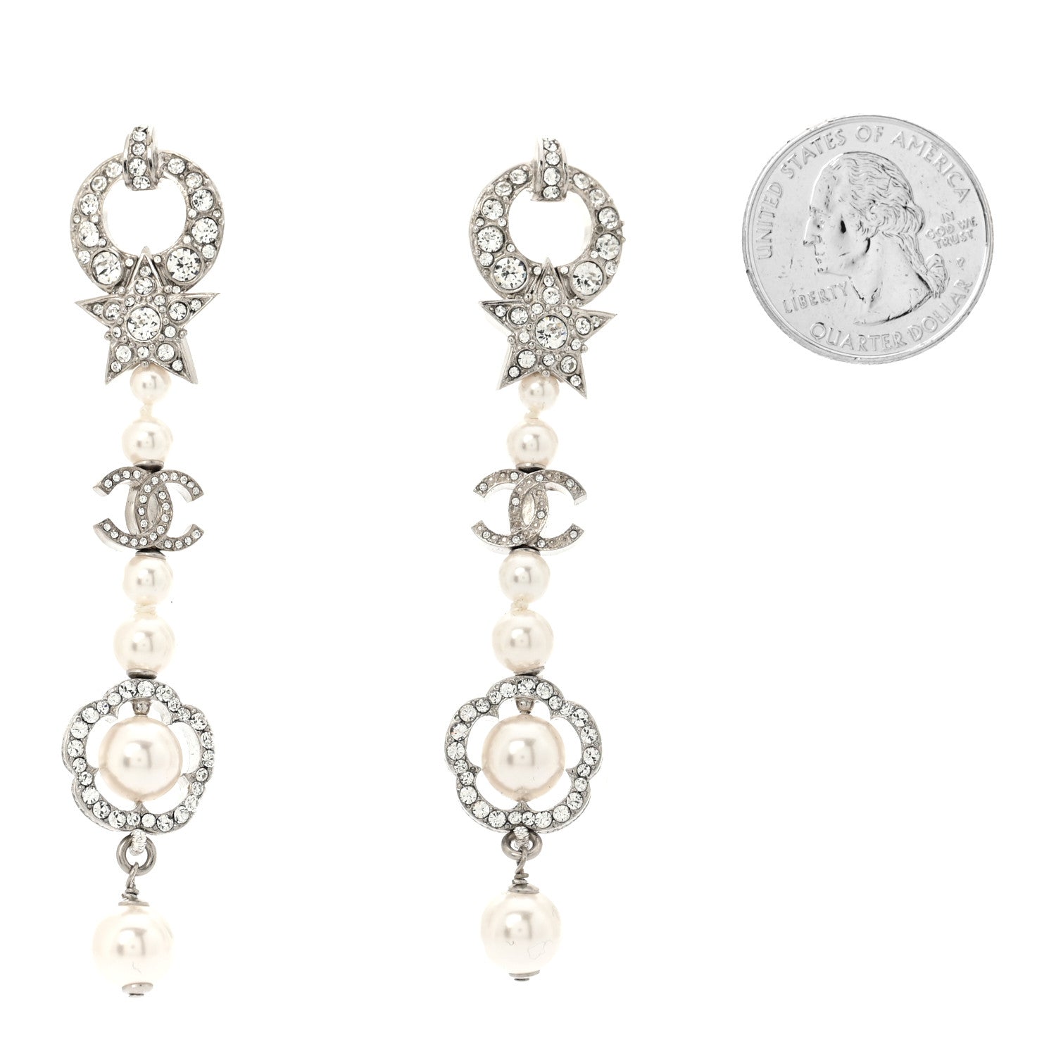 Chanel Strass Crystal Pearl CC Star Camellia Drop Earrings Silver 2 of 6