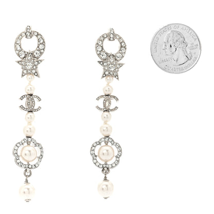 Chanel Strass Crystal Pearl CC Star Camellia Drop Earrings Silver 2 of 6