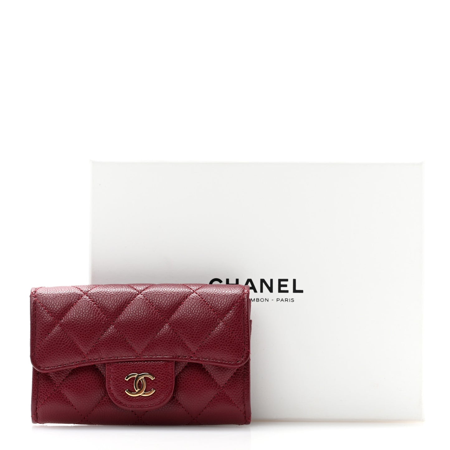 Caviar Quilted Flap Card Holder Wallet Burgundy
