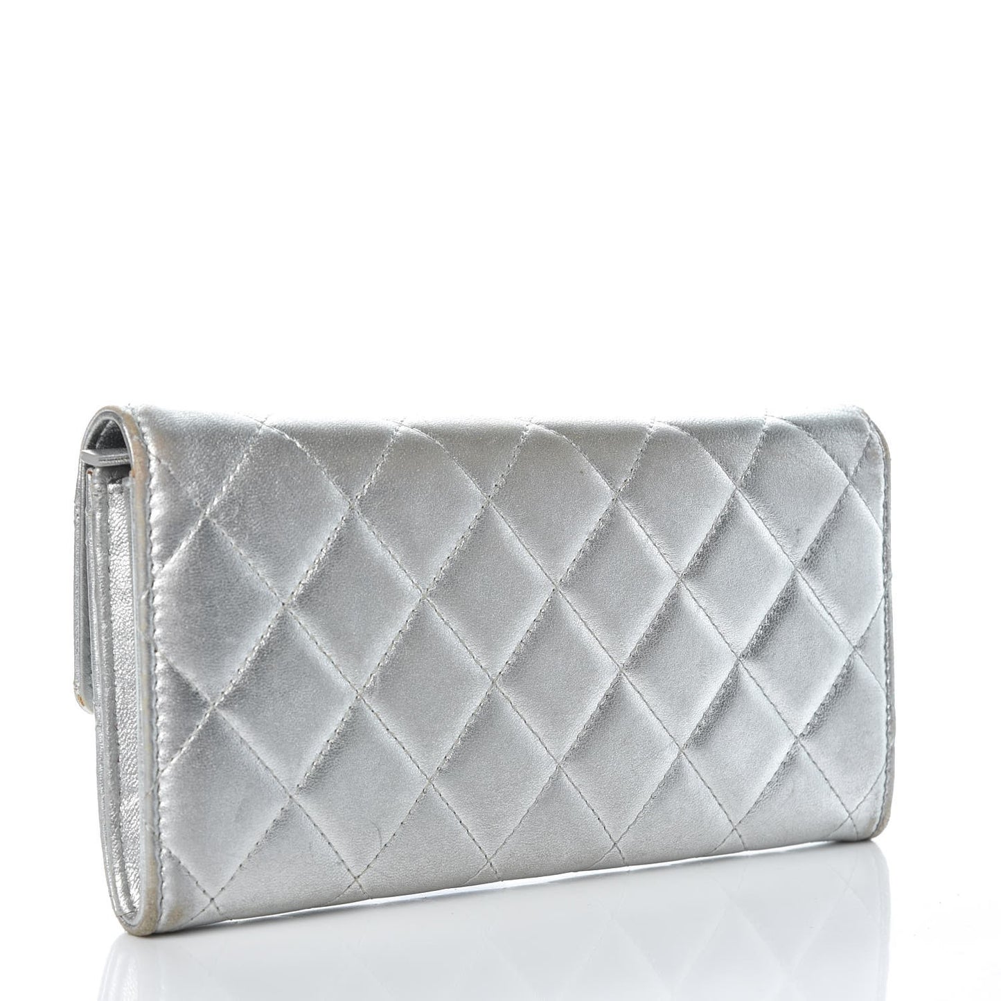 Metallic Lambskin Quilted Large Gusset Flap Wallet Silver