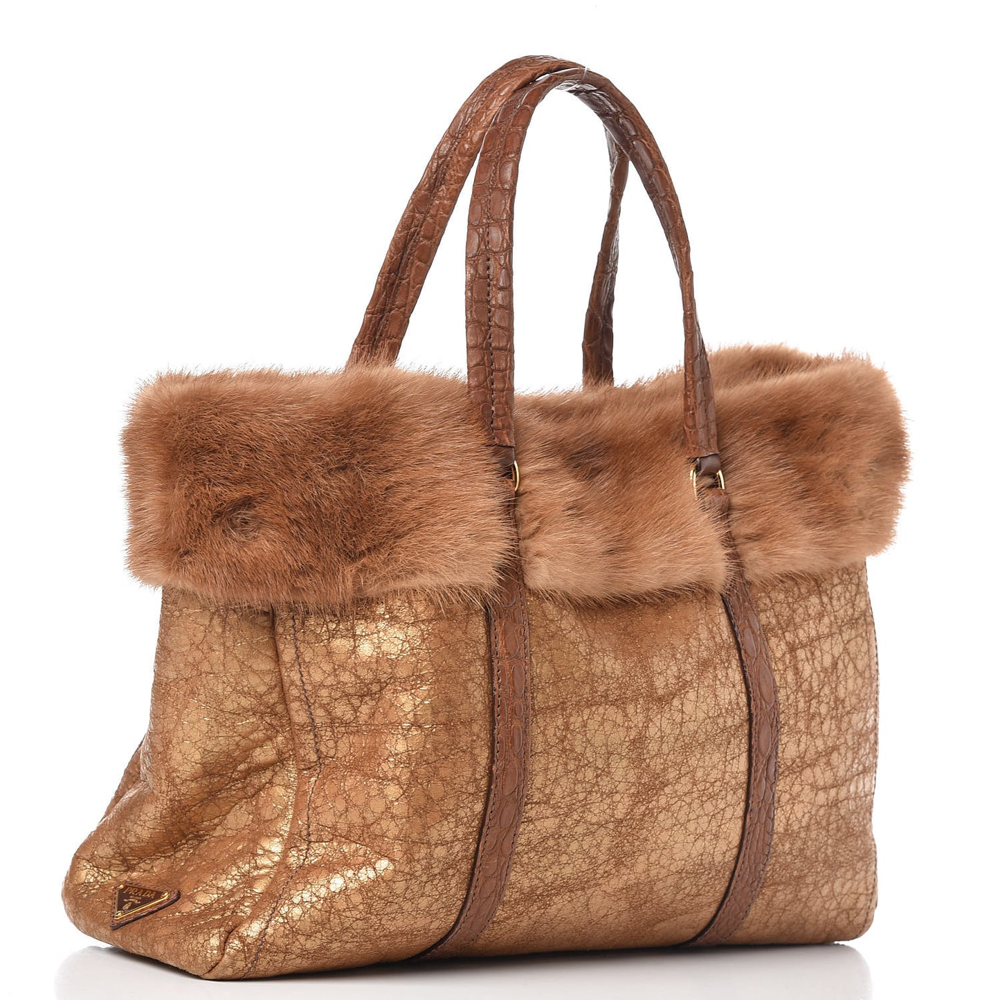 Metallic Suede Mink Shearling Crocodile Embossed Tote Gold