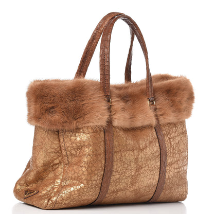 Prada Metallic Suede Mink Shearling Crocodile Embossed Tote Gold 3 of 9