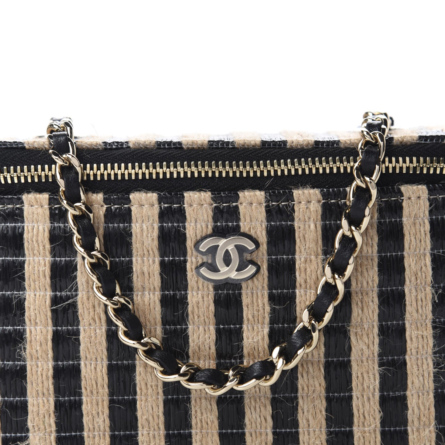 Raffia Jute Striped Small Vanity Case With Chain Black Beige