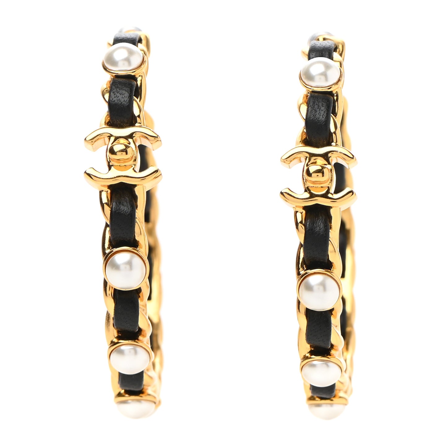 Lambskin Pearl More Is More CC Chain Hoop Earrings Gold Black