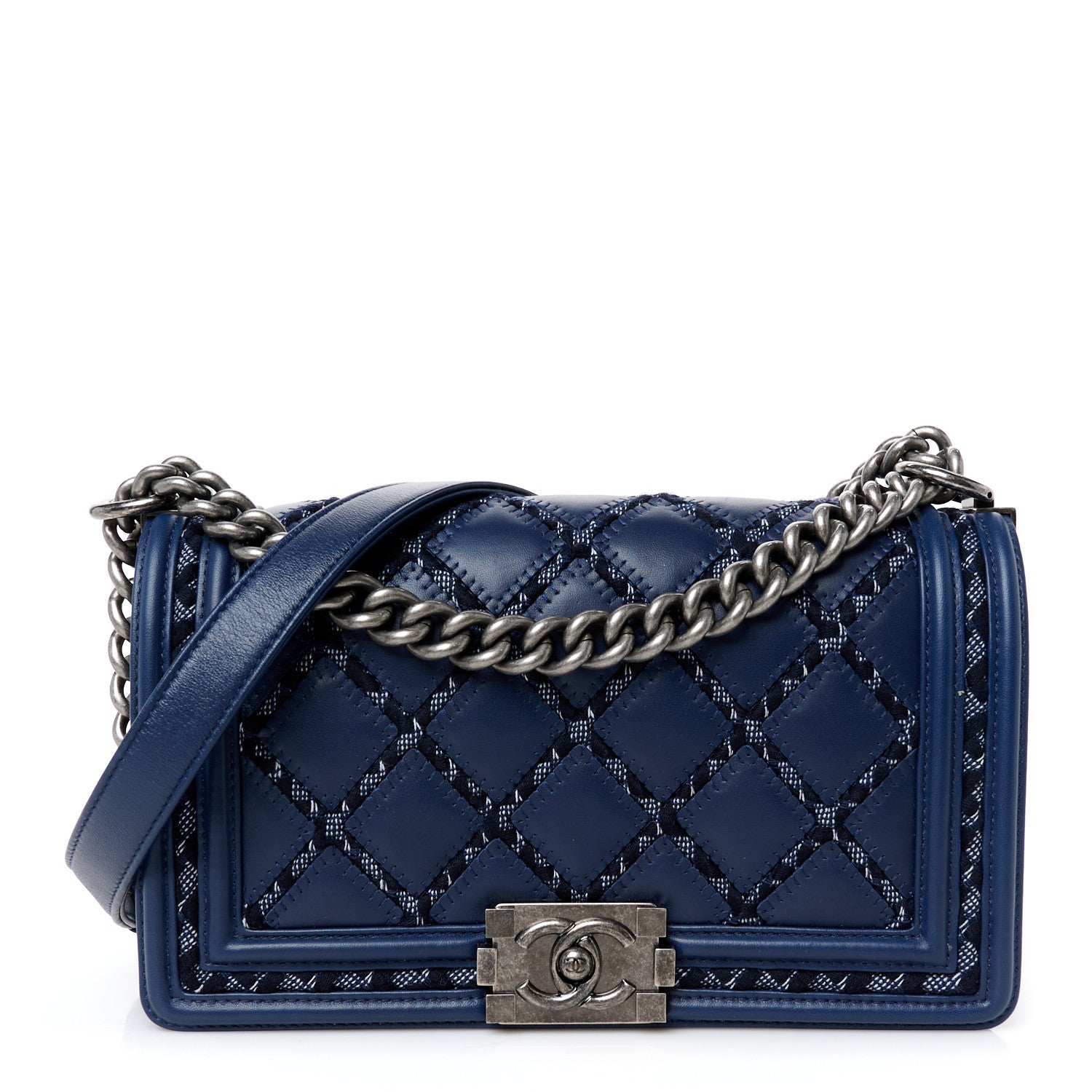 Chanel Lambskin Tweed Double Stitch Medium Boy Flap Navy Blue 1 of 11