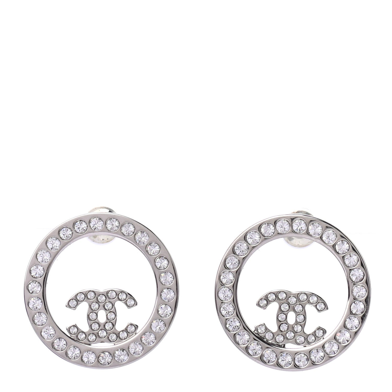 Chanel Crystal CC Round Earrings Silver 1 of 4