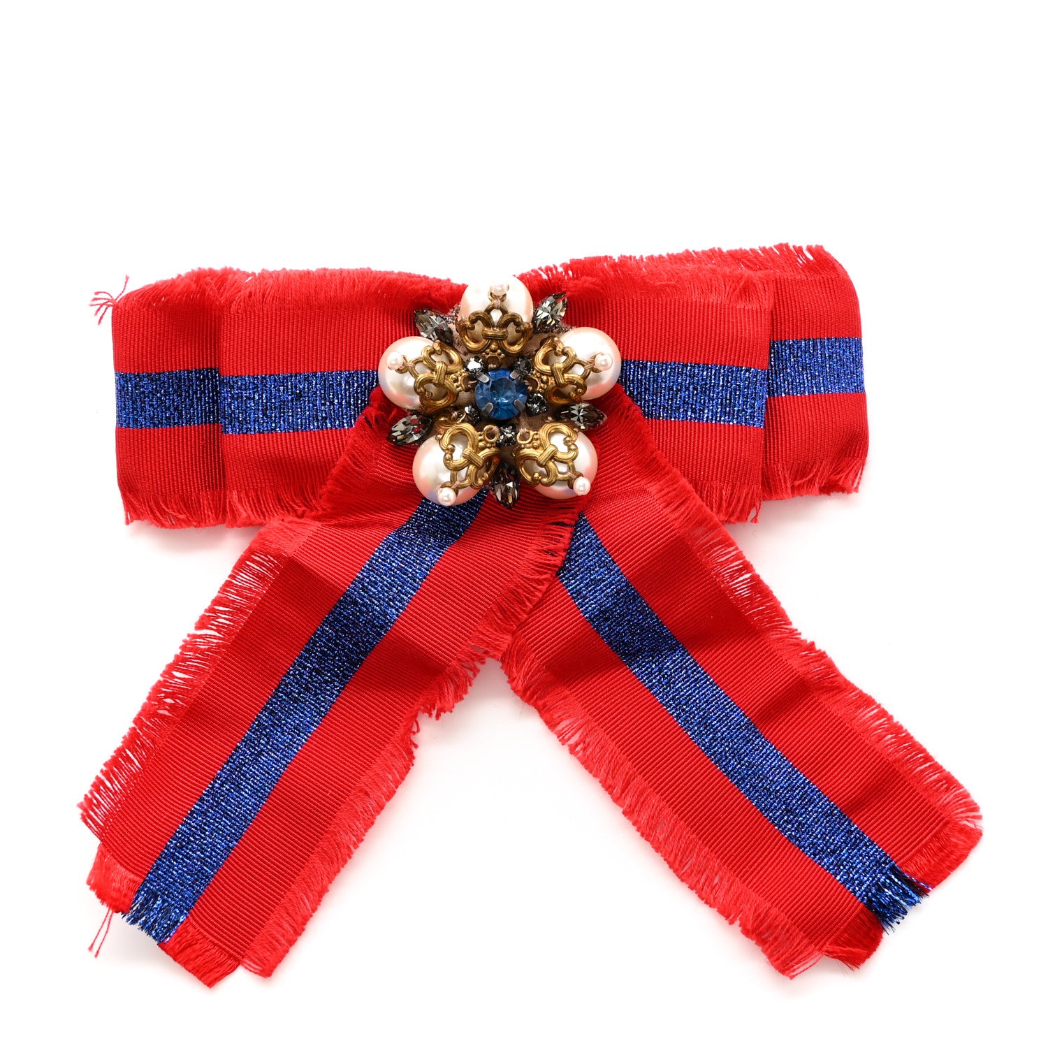 Gucci Grosgrain Pearl Crystal Bow Brooch Blue Red 1 of 4