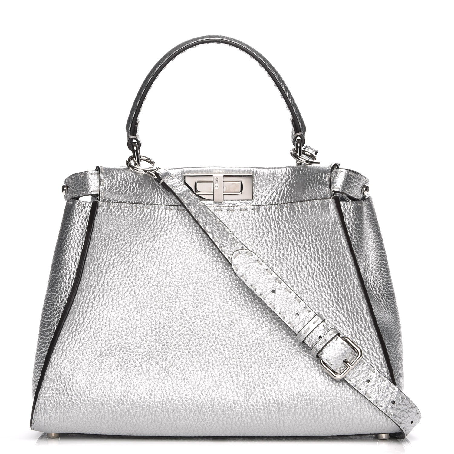 Fendi Cuoio Romano Lux Selleria Medium Peekaboo Iconic Satchel Argento 1 of 7