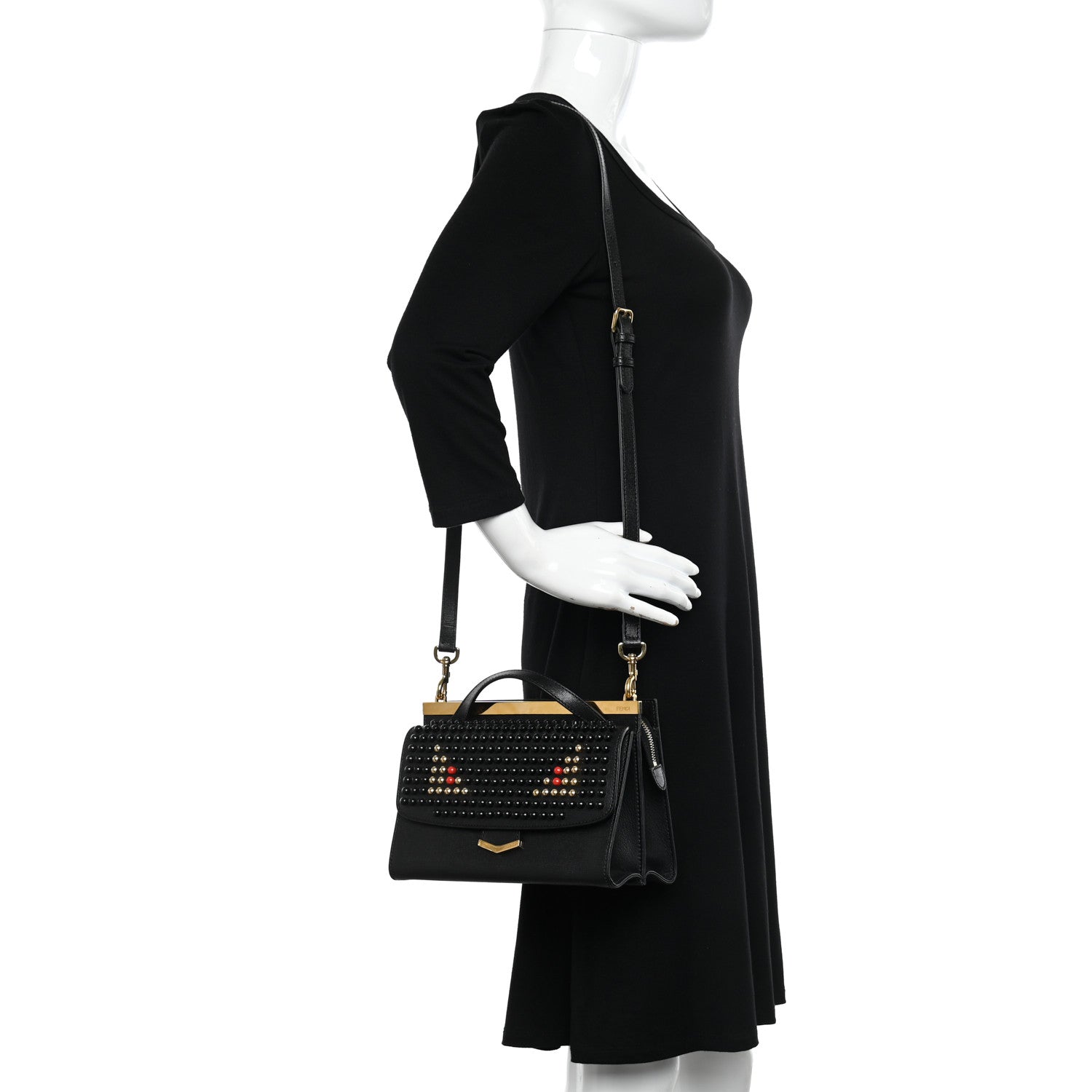 Fendi Vitello Elite Studded Monster Mini Demi Jour Shoulder Bag Black 2 of 12