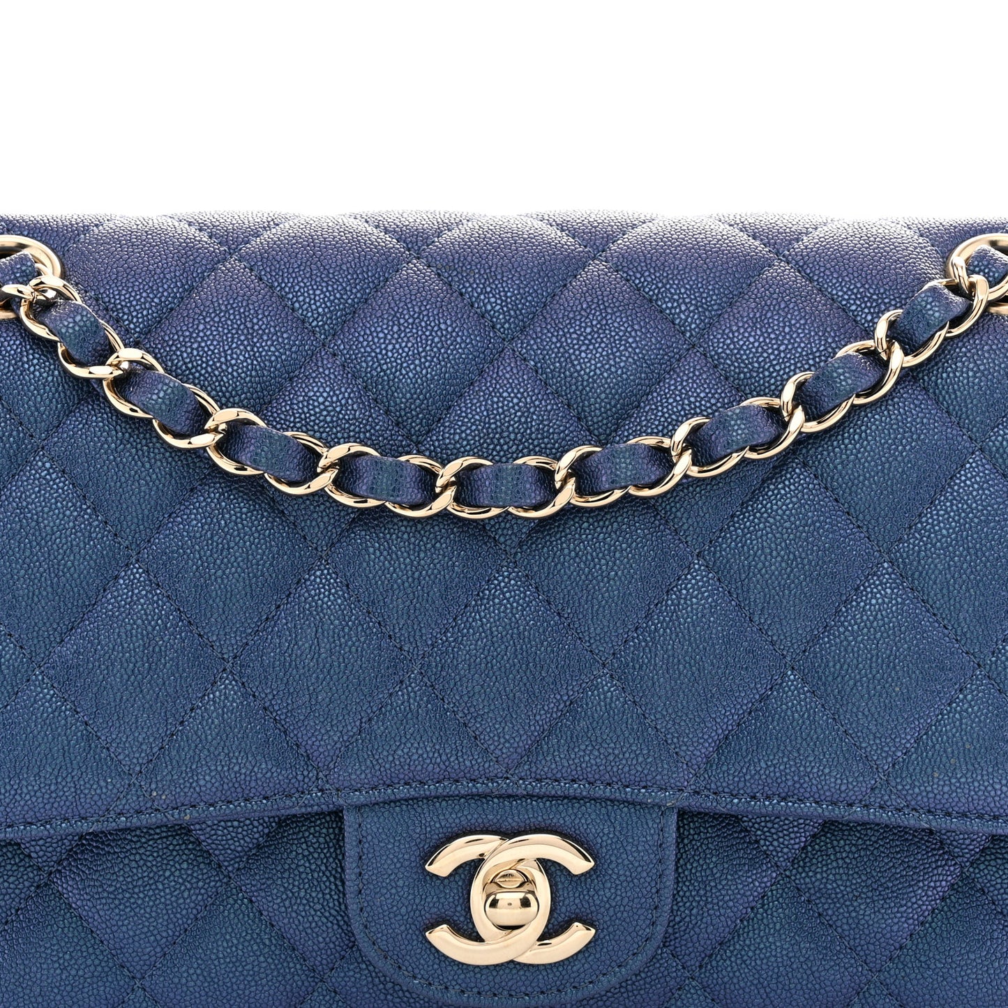 Iridescent Caviar Quilted Medium Double Flap Dark Blue