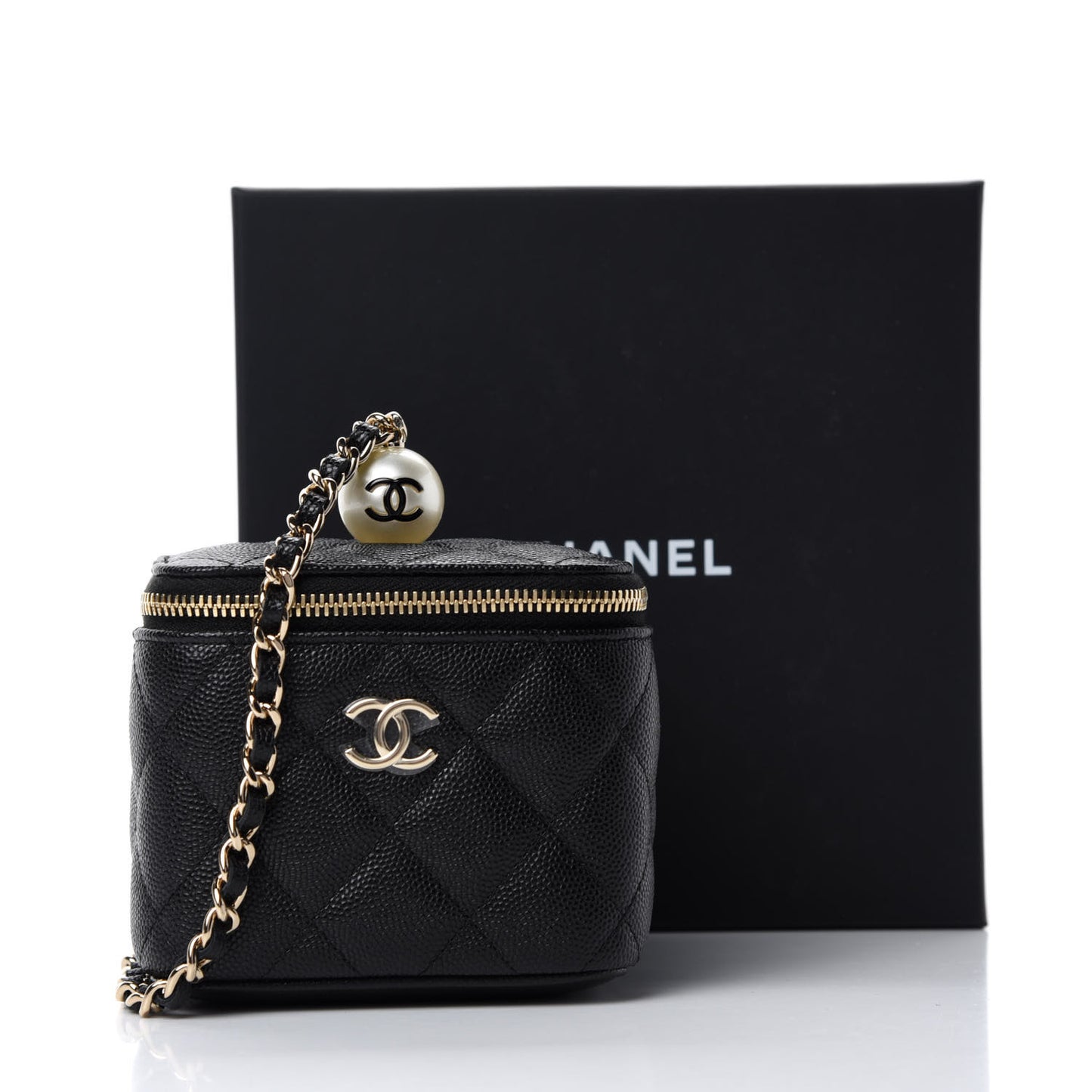Caviar Quilted Mini Pearl On Top Vanity Case With Chain Black