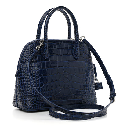 Balenciaga Shiny Calfskin Logo Crocodile Embossed S Ville Top Handle Bag Navy White 3 of 10