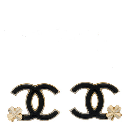 Chanel Enamel CC Clover Earrings Black Gold 1 of 5