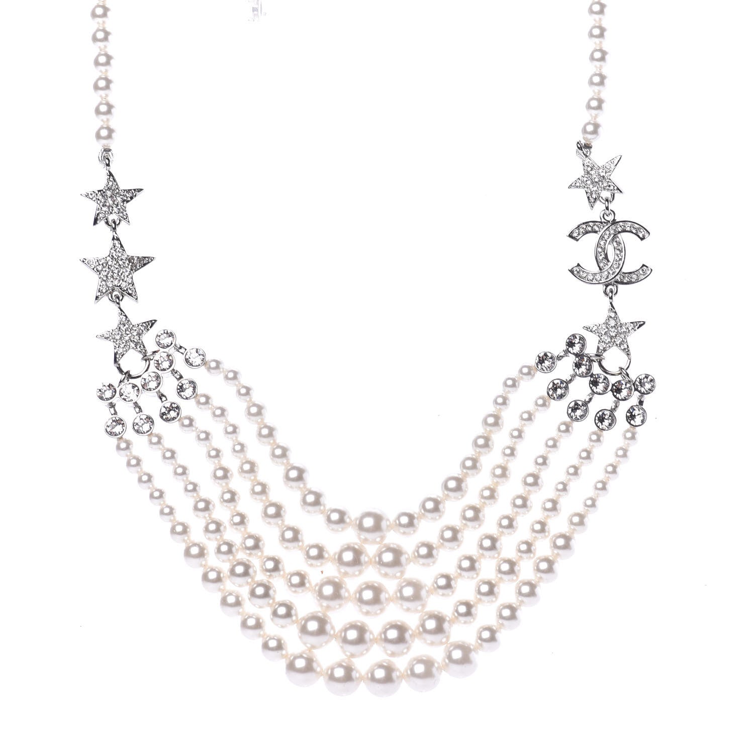 Chanel Pearl Crystal Star CC Multi Strand Necklace Pearly White Silver 1 of 5