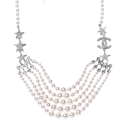 Chanel Pearl Crystal Star CC Multi Strand Necklace Pearly White Silver 1 of 5