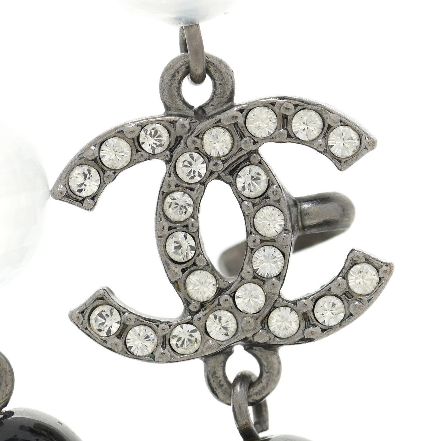 Pearl Beaded Crystal CC Long Necklace Black Silver