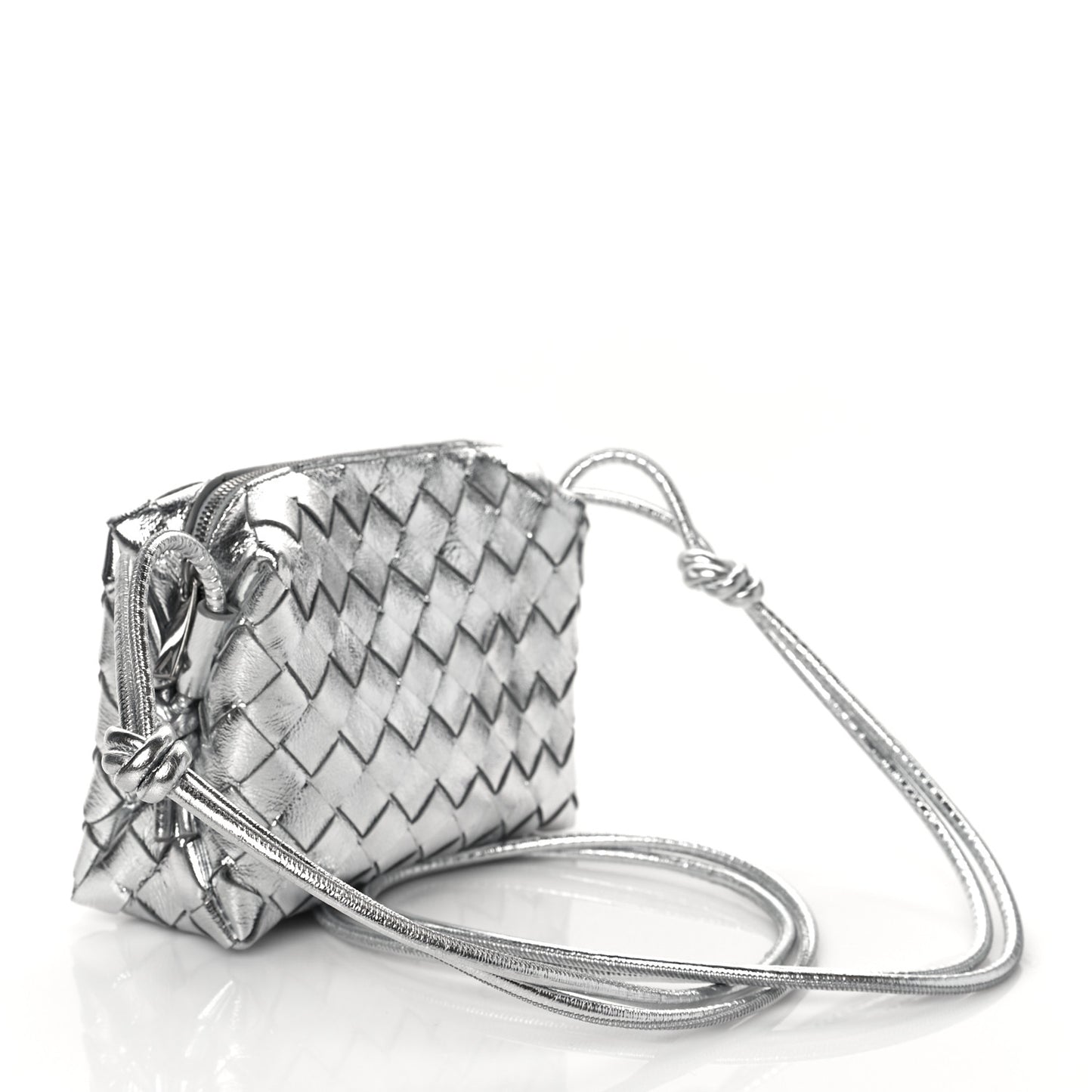 Metallic Calfskin Intrecciato Mini Loop Camera Bag Silver
