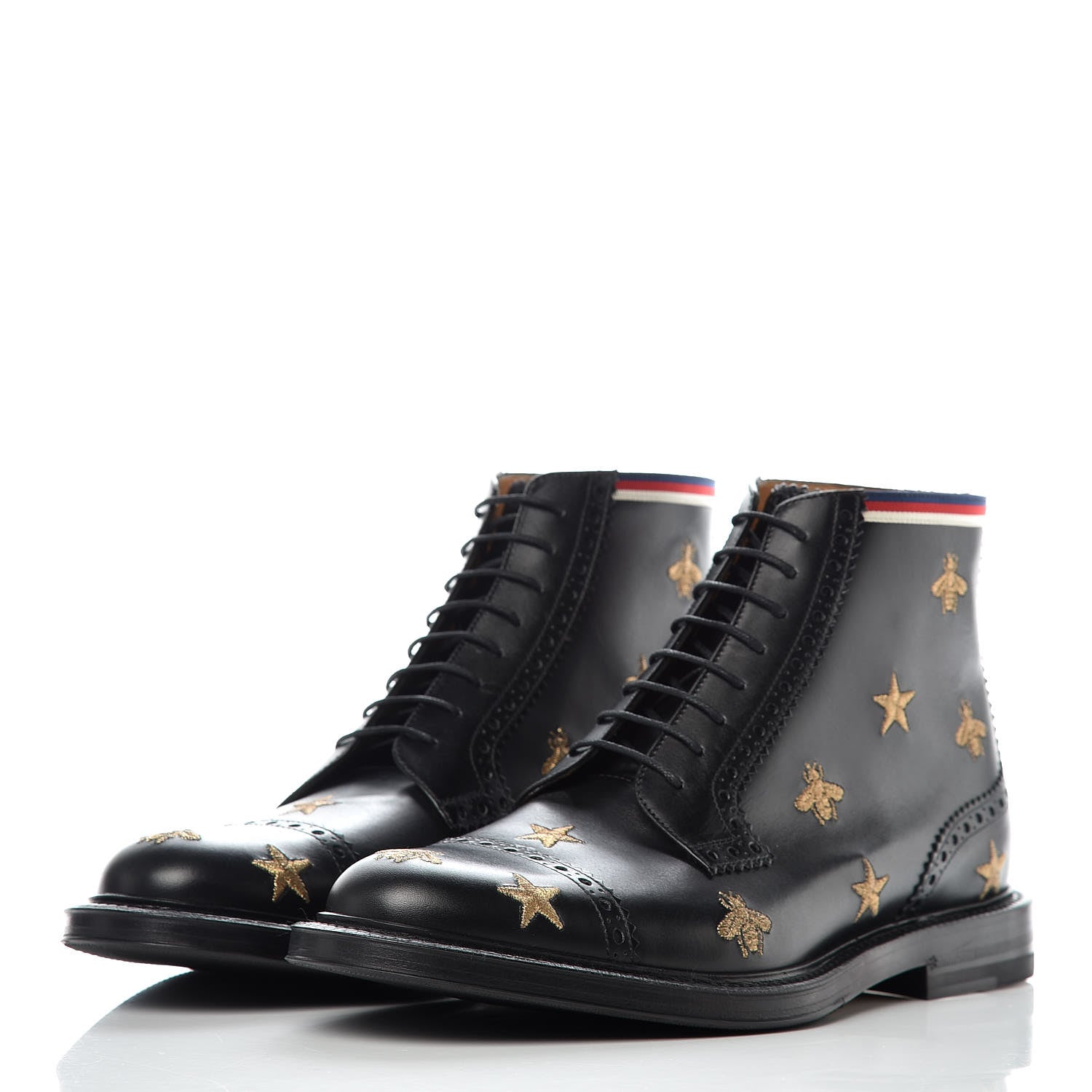 Gucci Calfskin Sylvie Web Bee Star Embroidered Mens Brogue Captoe Boots 7.5 Black 3 of 9