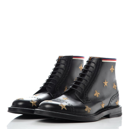 Gucci Calfskin Sylvie Web Bee Star Embroidered Mens Brogue Captoe Boots 7.5 Black 3 of 9