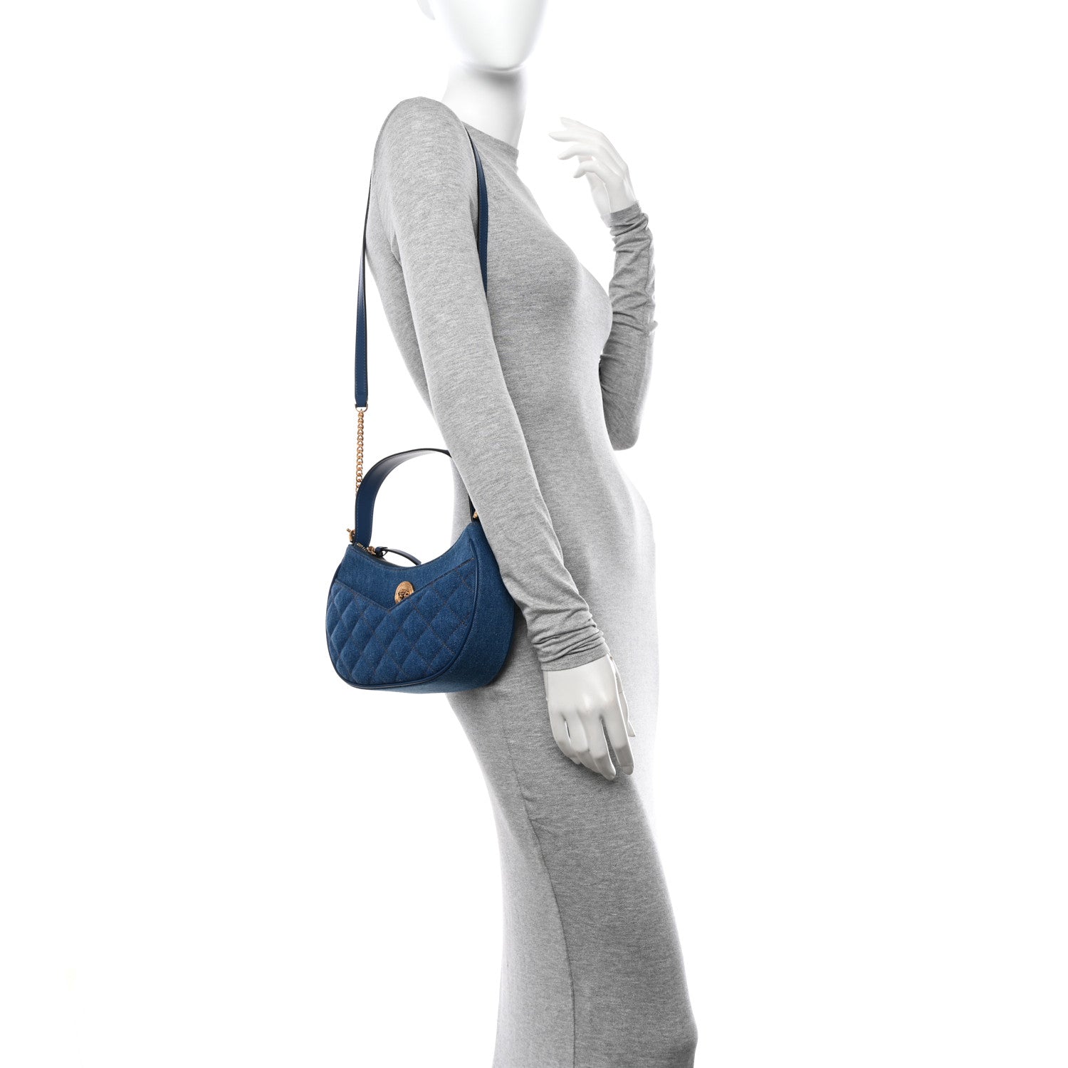 Versace Denim Calfskin Quilted Medusa Half Moon Shoulder Bag Blue 2 of 11