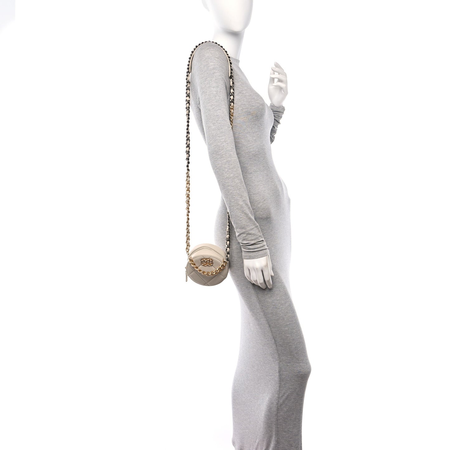 Lambskin Quilted Chanel 19 Round Clutch With Chain Beige