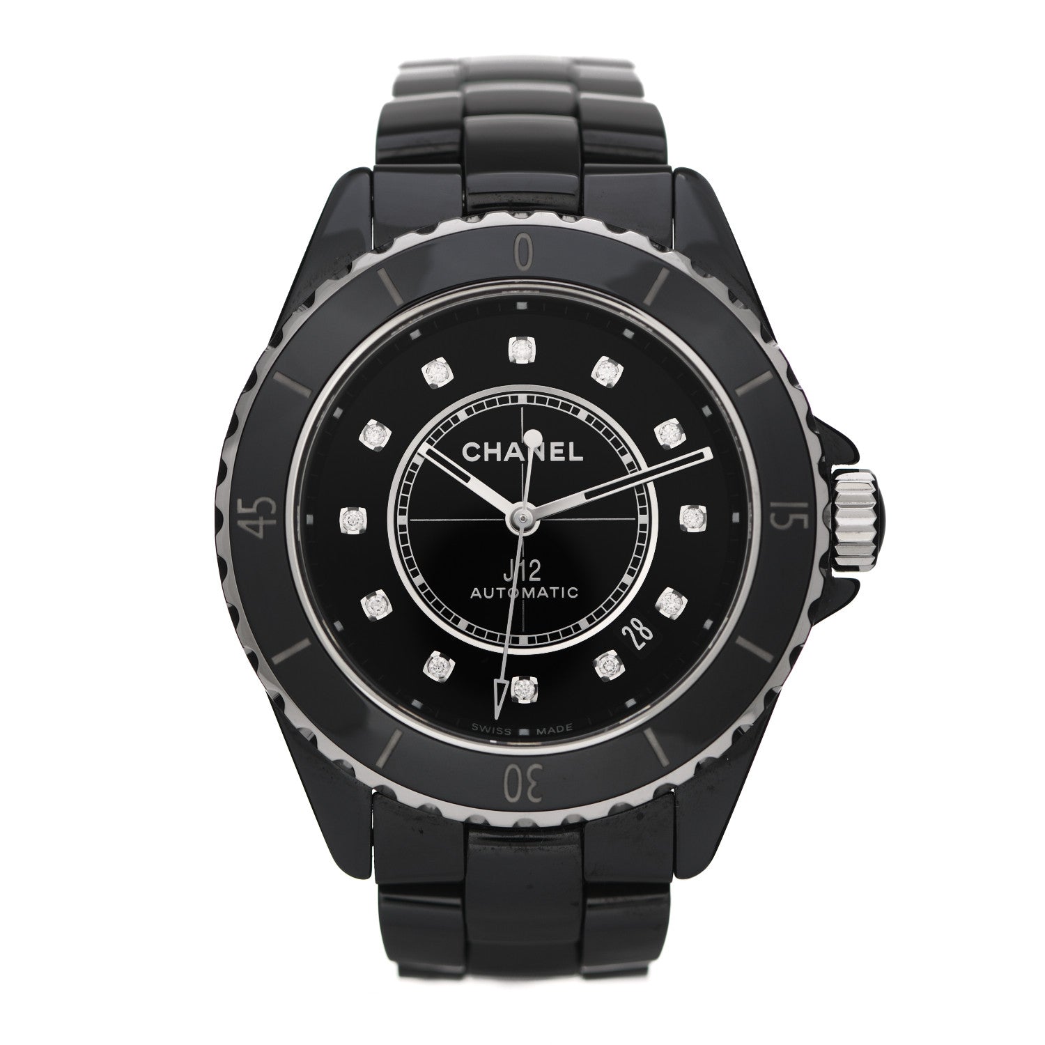 Chanel Stainless Steel Ceramic Diamond 38mm J12 Automatic Watch Black 1 of 5