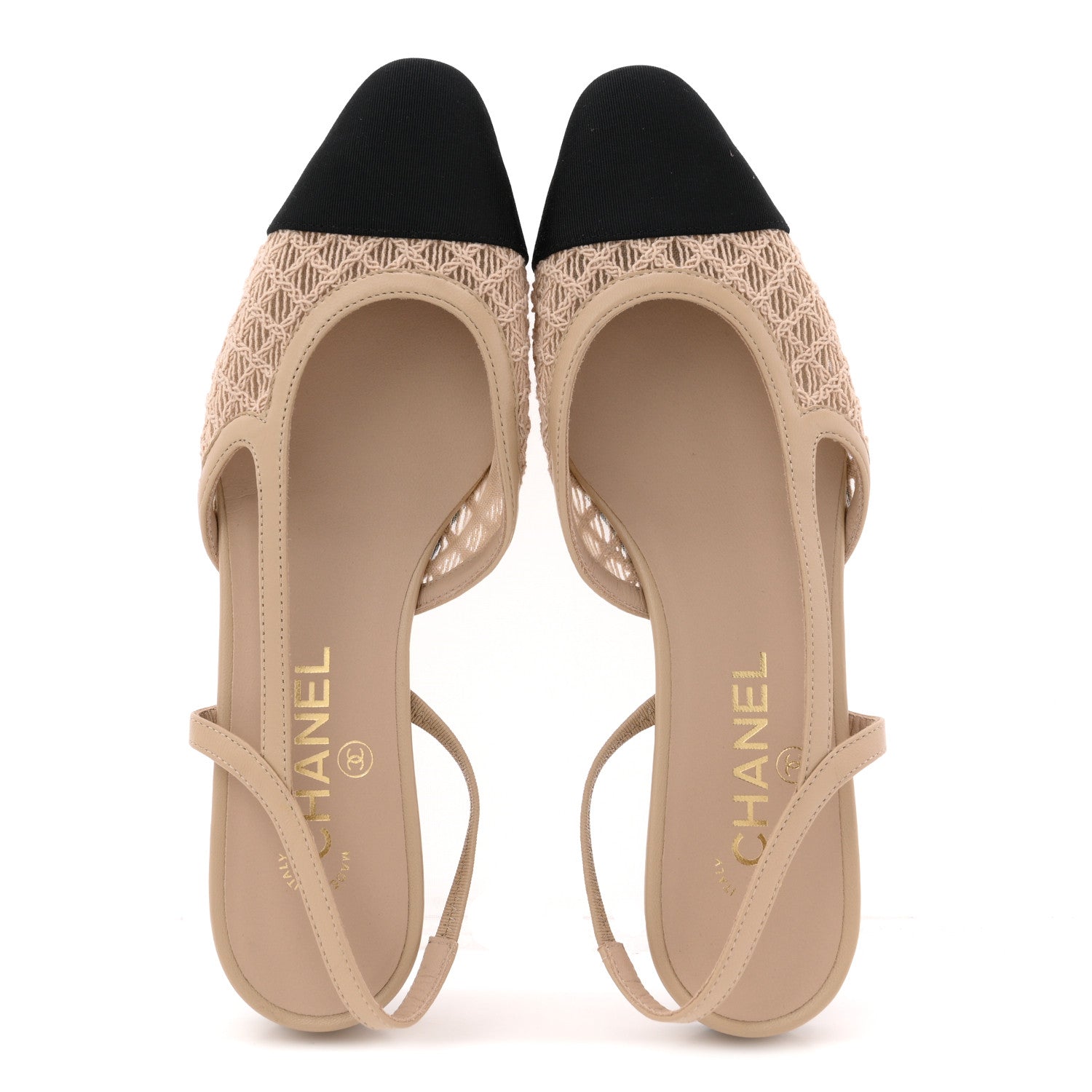Chanel Embroidery Grosgrain Cap Toe CC Slingback Flats 38.5 Beige Black 2 of 9