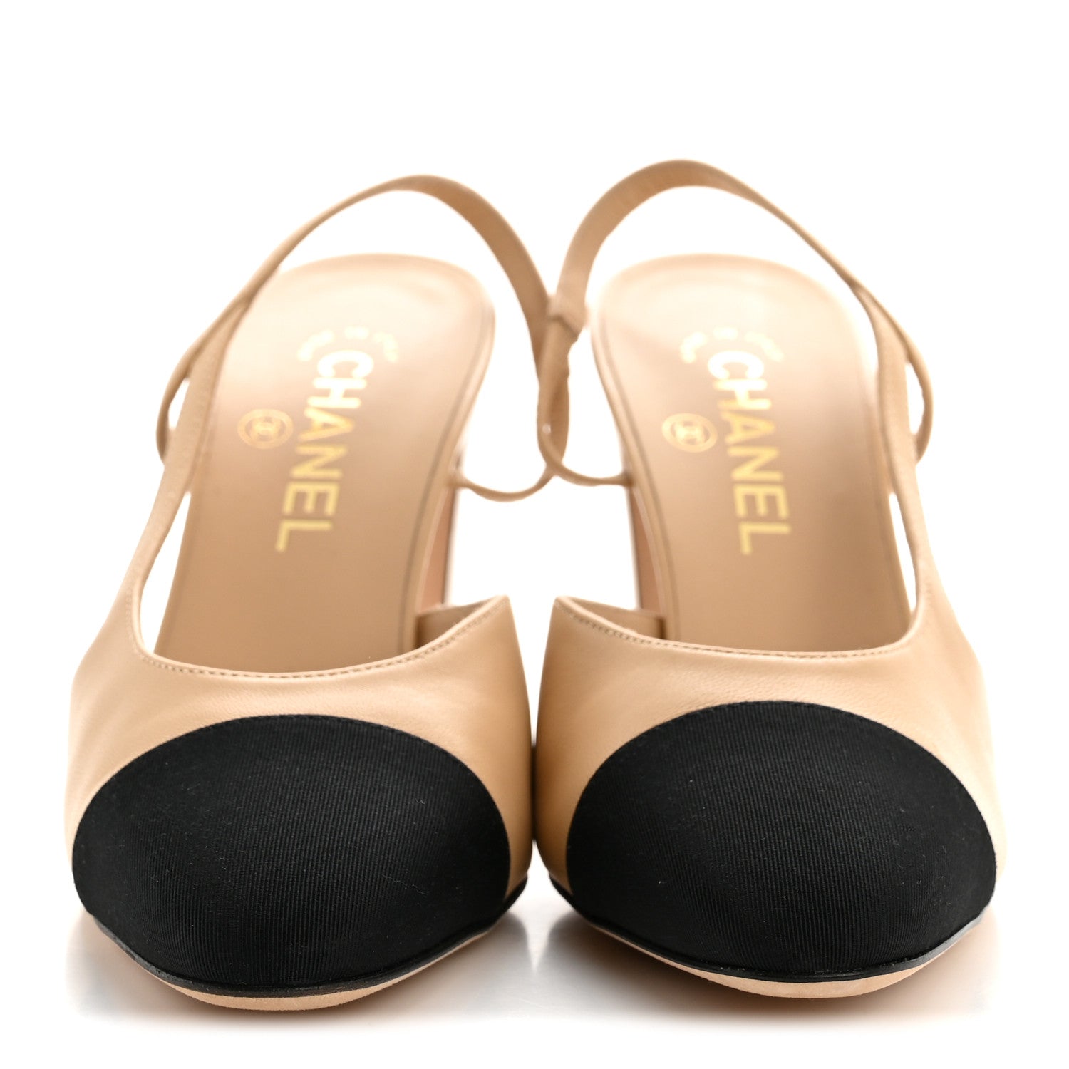 Chanel Goatskin Grosgrain Cap Toe CC Slingback Pumps 38.5 Beige Black 3 of 9