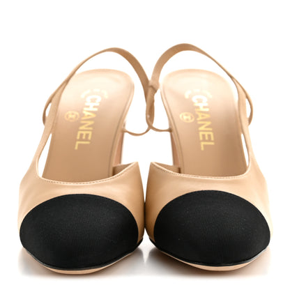 Chanel Goatskin Grosgrain Cap Toe CC Slingback Pumps 38.5 Beige Black 3 of 9