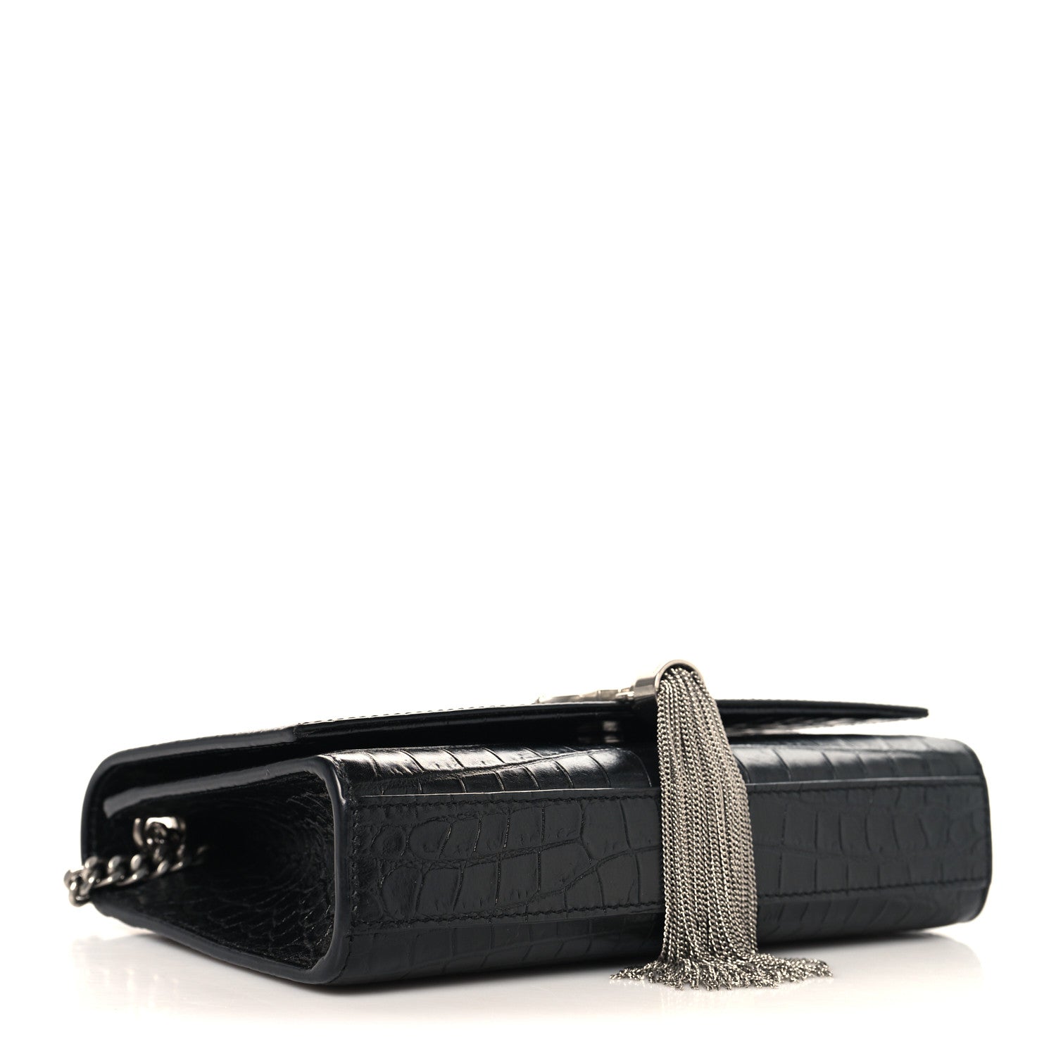 Saint Laurent Calfskin Crocodile Embossed Small Classic Monogram Kate Tassel Satchel Black 4 of 9