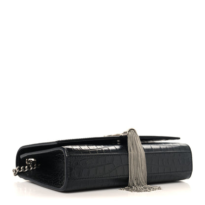 Saint Laurent Calfskin Crocodile Embossed Small Classic Monogram Kate Tassel Satchel Black 4 of 9