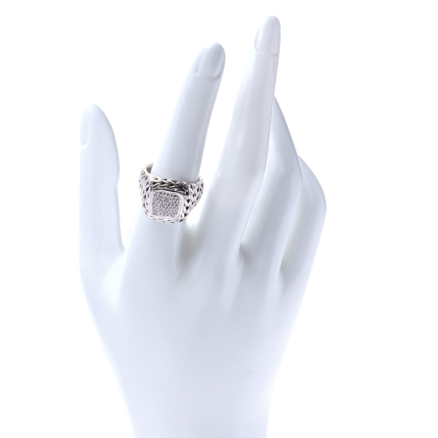 John Hardy Sterling Silver 18K Yellow Gold Diamond 16mm Classic Chain Square Ring 57 8 2 of 5