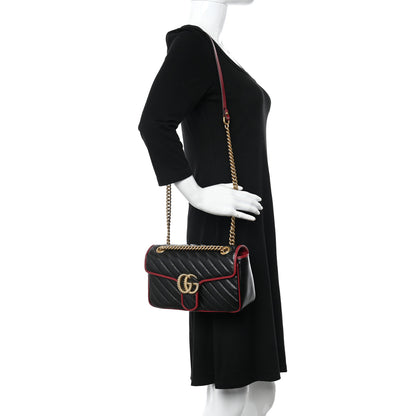 Gucci Vintage Effect Calfskin Matelasse Diagonal Small Torchon GG Marmont Shoulder Bag Black Romantic Cherry 2 of 10