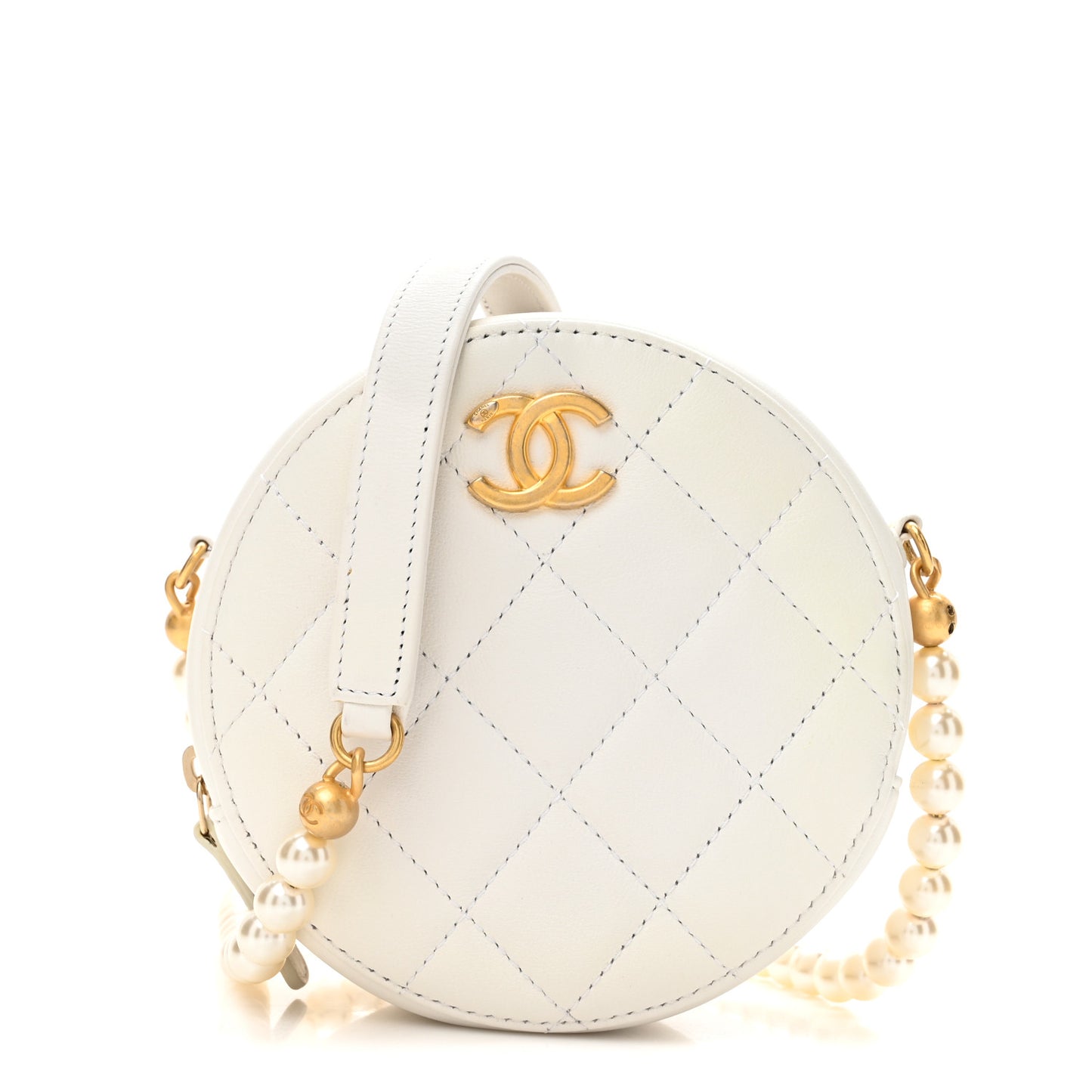 Lambskin Quilted Pearl Round Clutch With Chain White